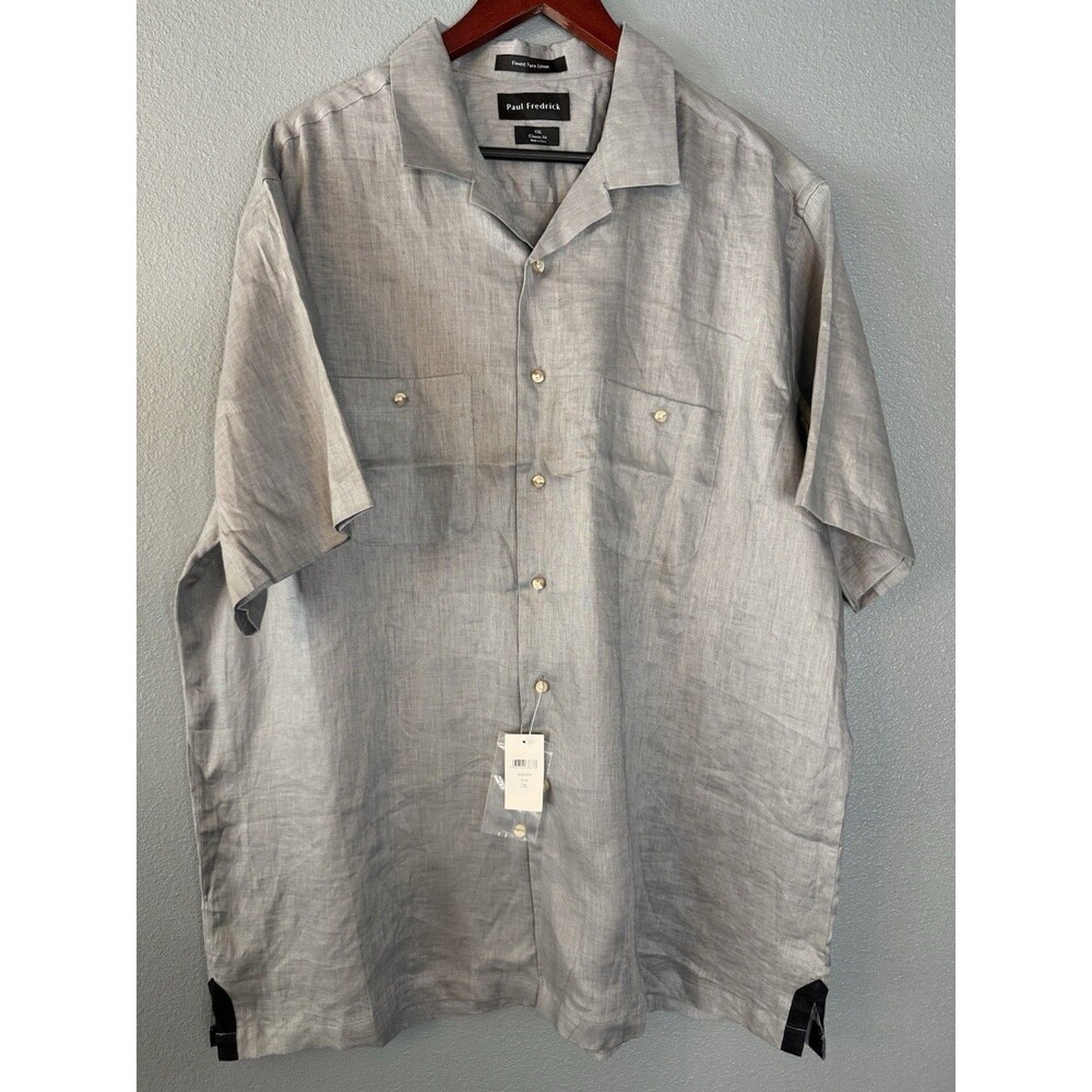 Paul Fredrick 100% Linen Short Sleeve Button-Up Shirt Classic Fit Silver 2XL